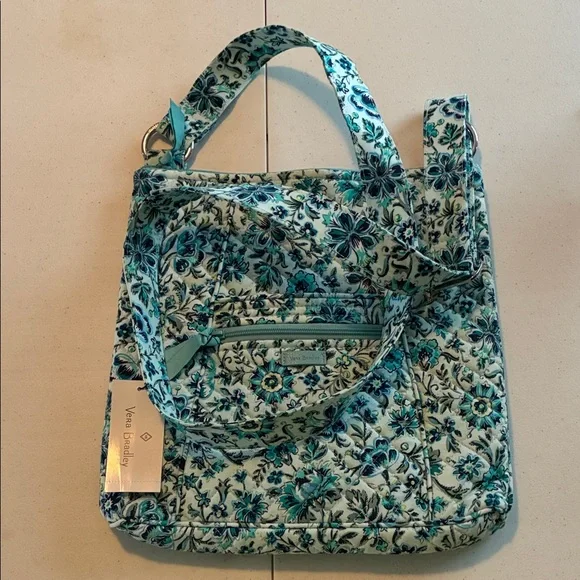 Vera Bradley Aqua Floral Quilted Tote Zip Top Hipster NWT Cloud Vine - Picture 2 of 6